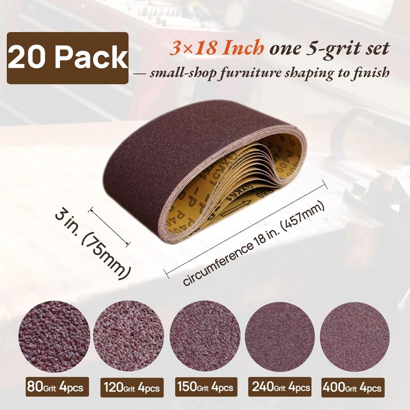KTHUA 3×18 Inch Sanding Belts: 20-Pack 80–400 Grit — Anti-Clog Coating & Precision Butt Joint — for Clean Even Results in Fine Woodworking & Furniture Restoration — Fits 3 × 18 Handheld Belt Sanders - Image 2